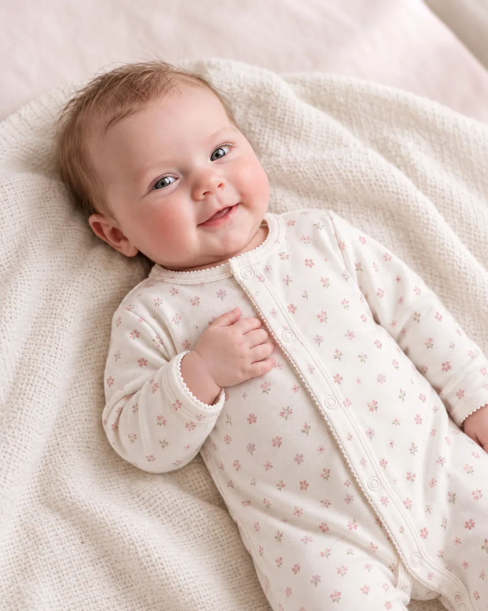 A smiling baby on an écru blanket in Le Petit Jardin floral footie