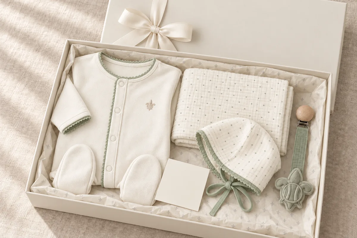 The Premier Bleu gift set laid out in its ivory box: footie, swaddle, cap, booties and rattle clip
