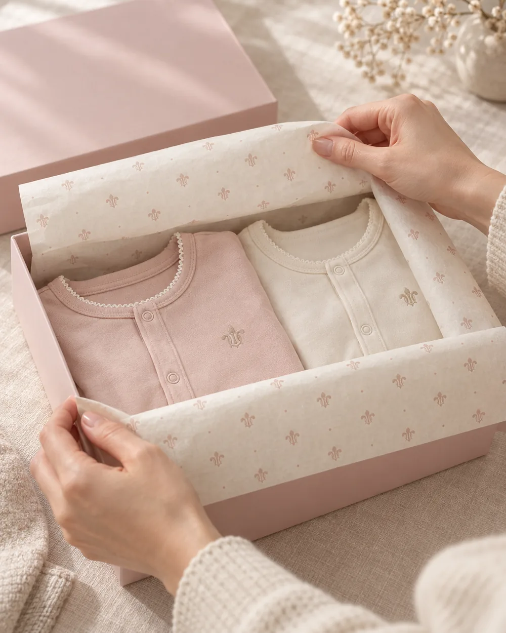 Hands folding back blush pin-dot lily tissue in the Petit Lys gift box to reveal a folded blush footie