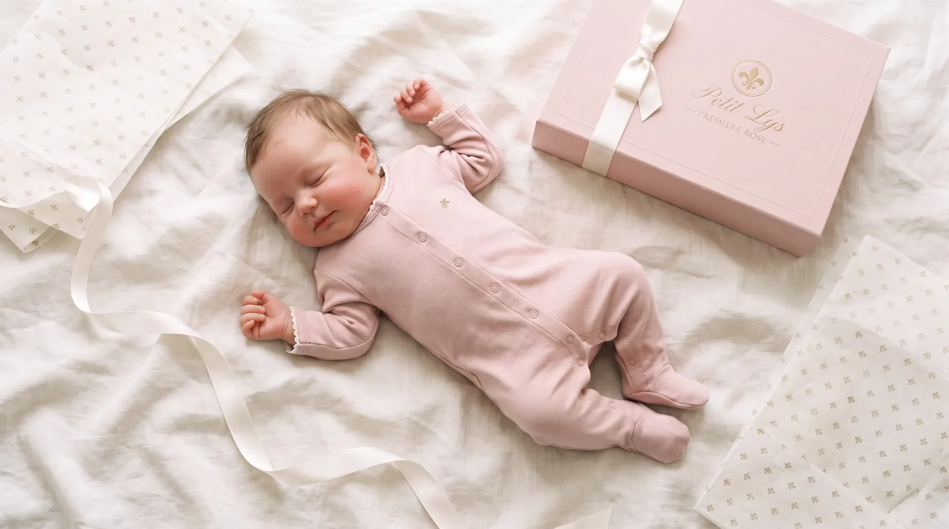 A newborn asleep on écru linen beside the Petit Lys gift box and lily tissue
