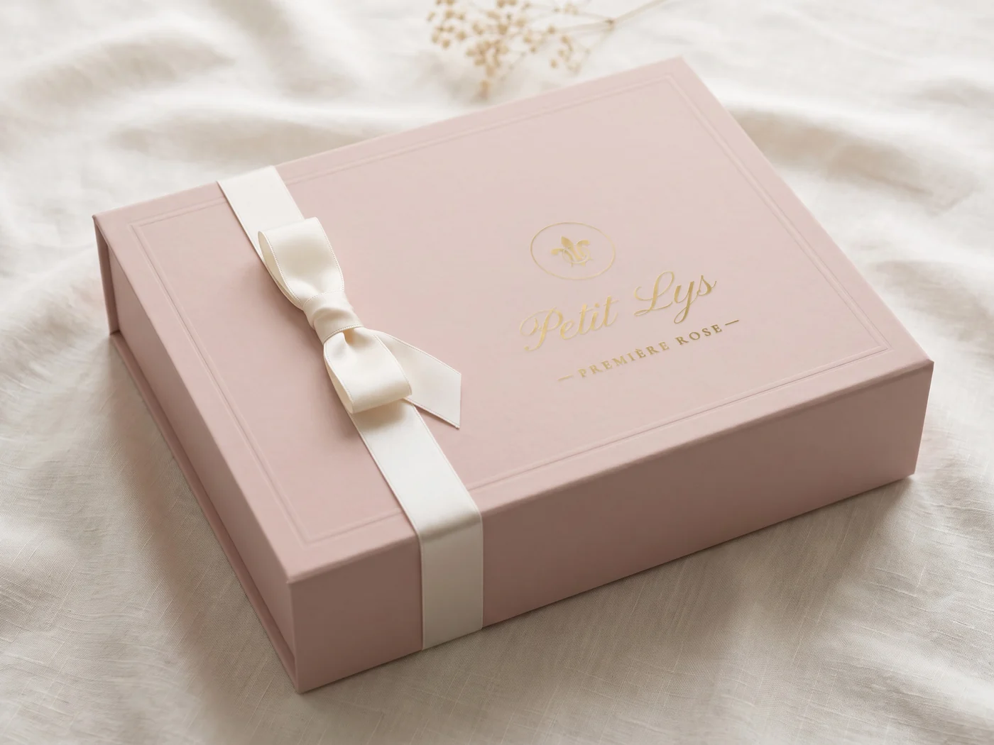 The blush Première Rose gift box with its gold Petit Lys roundel and ivory satin bow