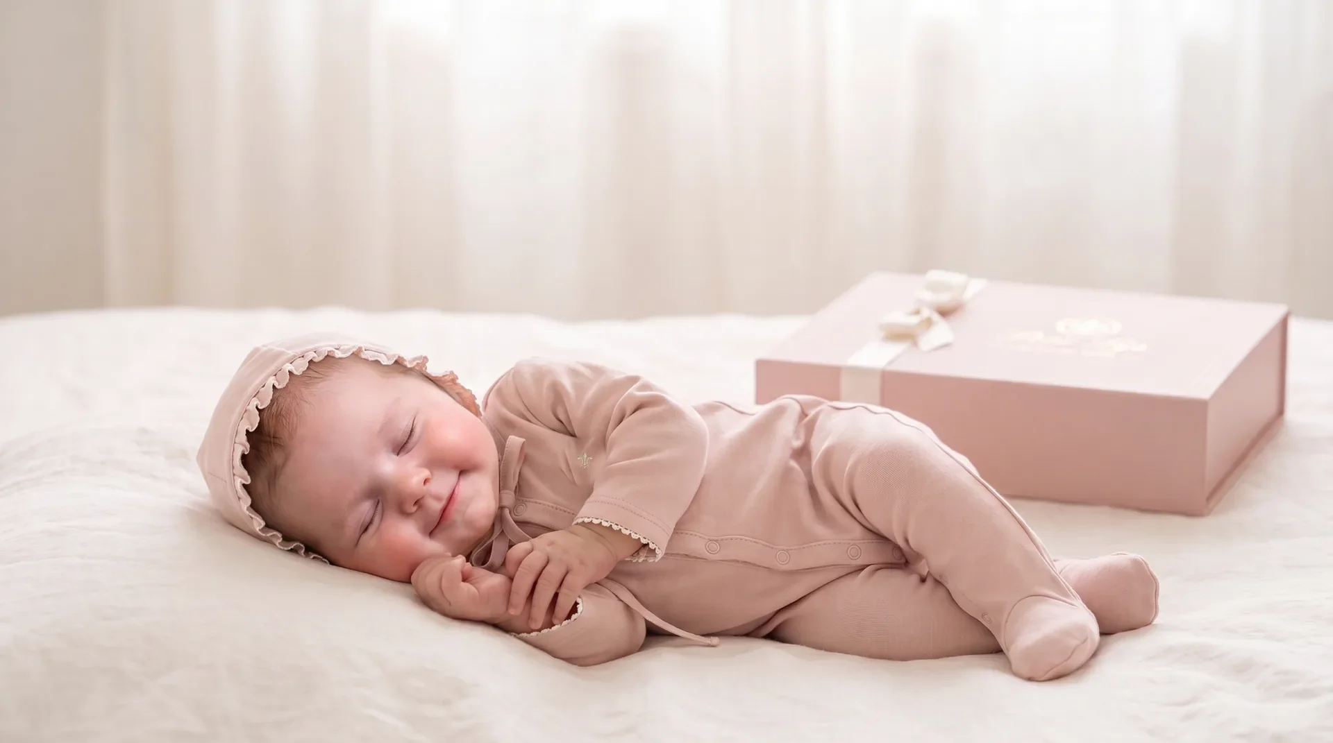 A newborn asleep on ivory linen in the blush Petit Lys footie and ruffle bonnet, the Première Rose gift box beside her