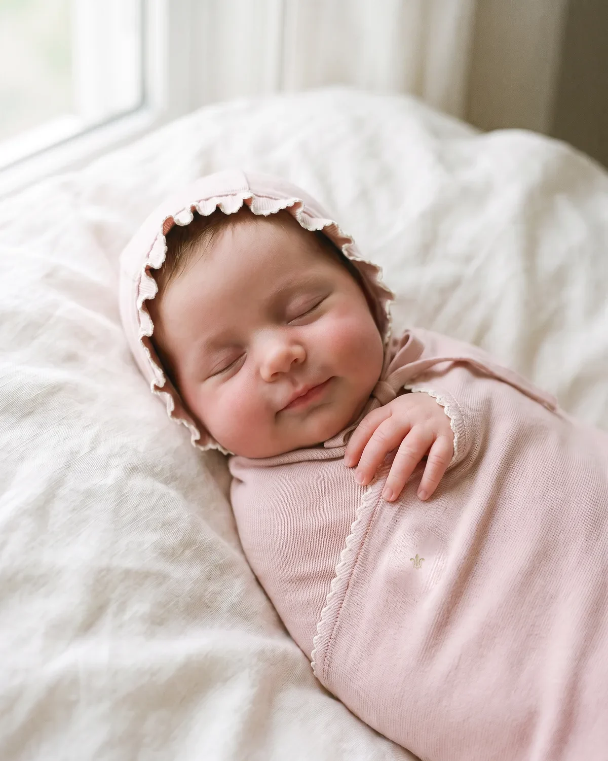 A sleeping newborn swaddled in blush pima with a ruffle bonnet