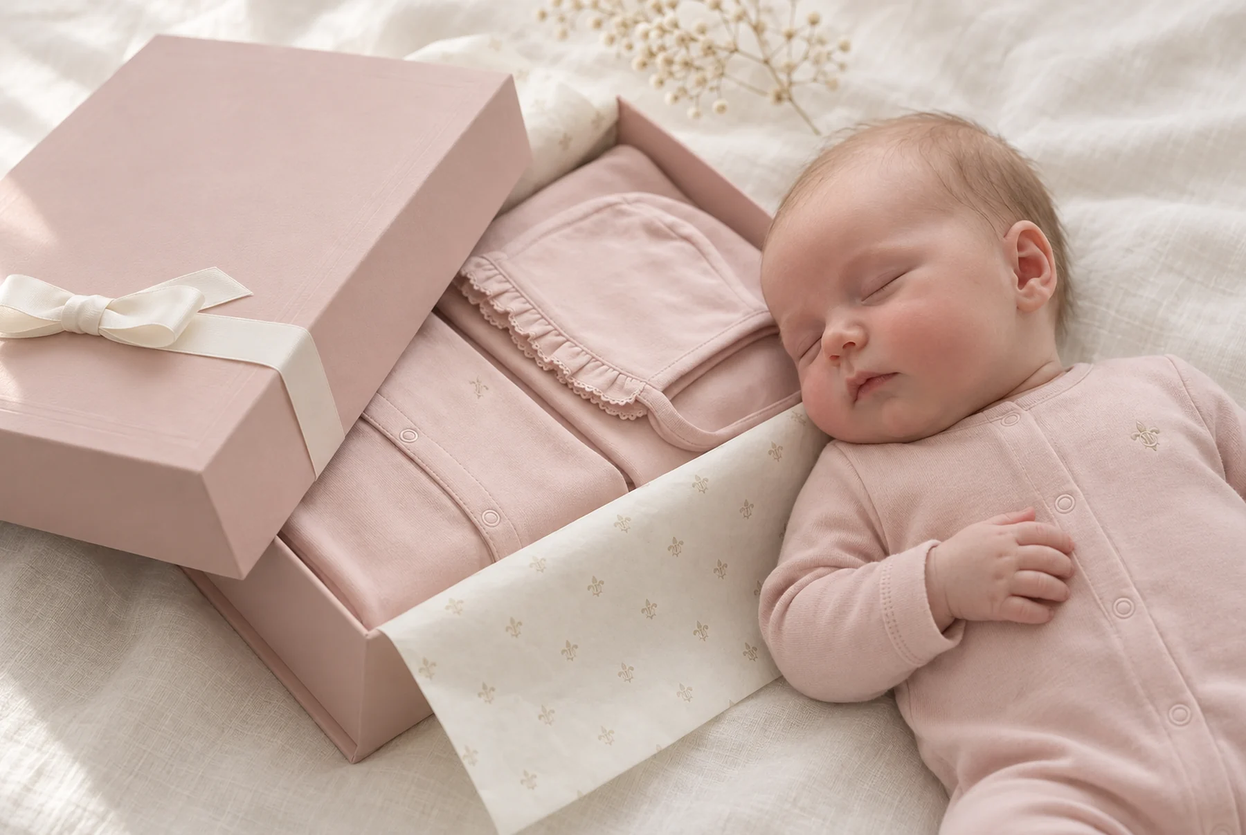 The Première Rose gift box opened, lily tissue folded back, a newborn asleep beside it