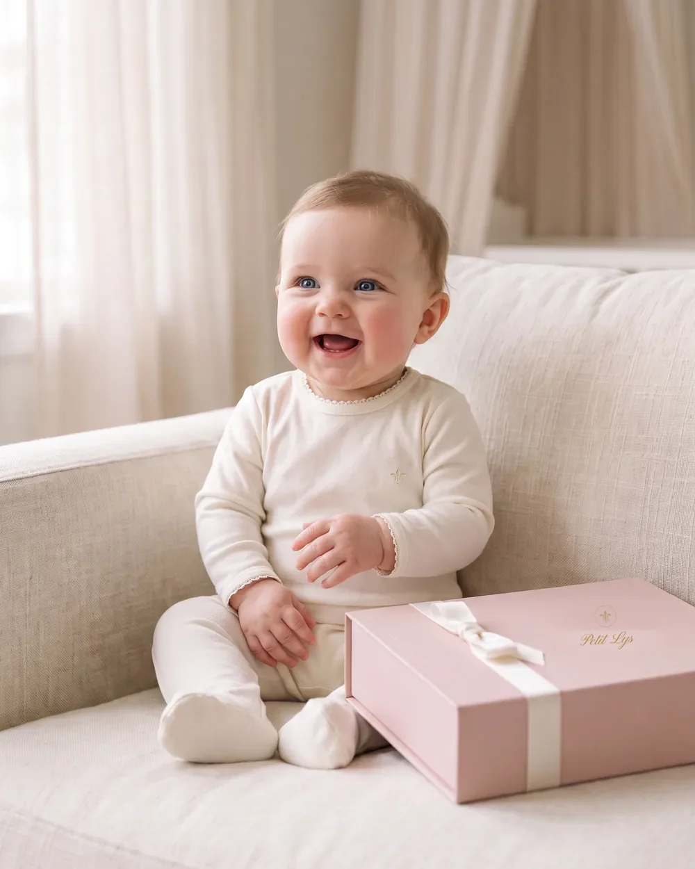 A smiling baby girl in the ivory Petit Lys sweater beside the gift box